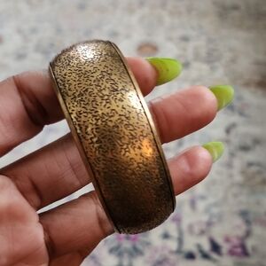 Textured Brass Tone Bangle Bracelet Vintage Style Patina Wide Cuff Minimalist